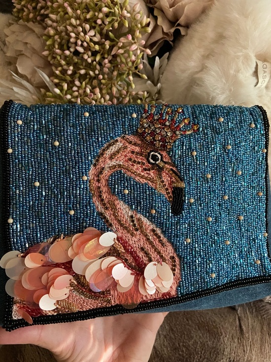 Mary Frances Handbags - MARY FRANCES Queen Flamingo Embellished Denim Novelty Handbag